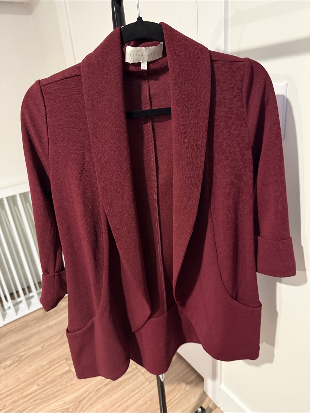 Open-Front Shawl Collar Blazer in Burgundy by Frenchi
